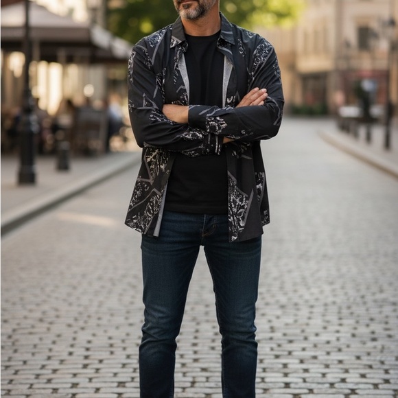 Men’s Vintage style Stylish Black and Gray Graphic Shirt Jacket new without tags - Picture 7 of 14